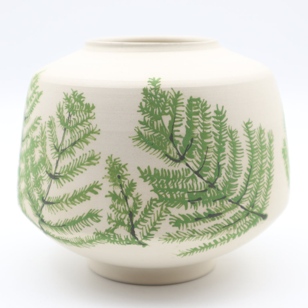 Round vase, hand painted with ferns
